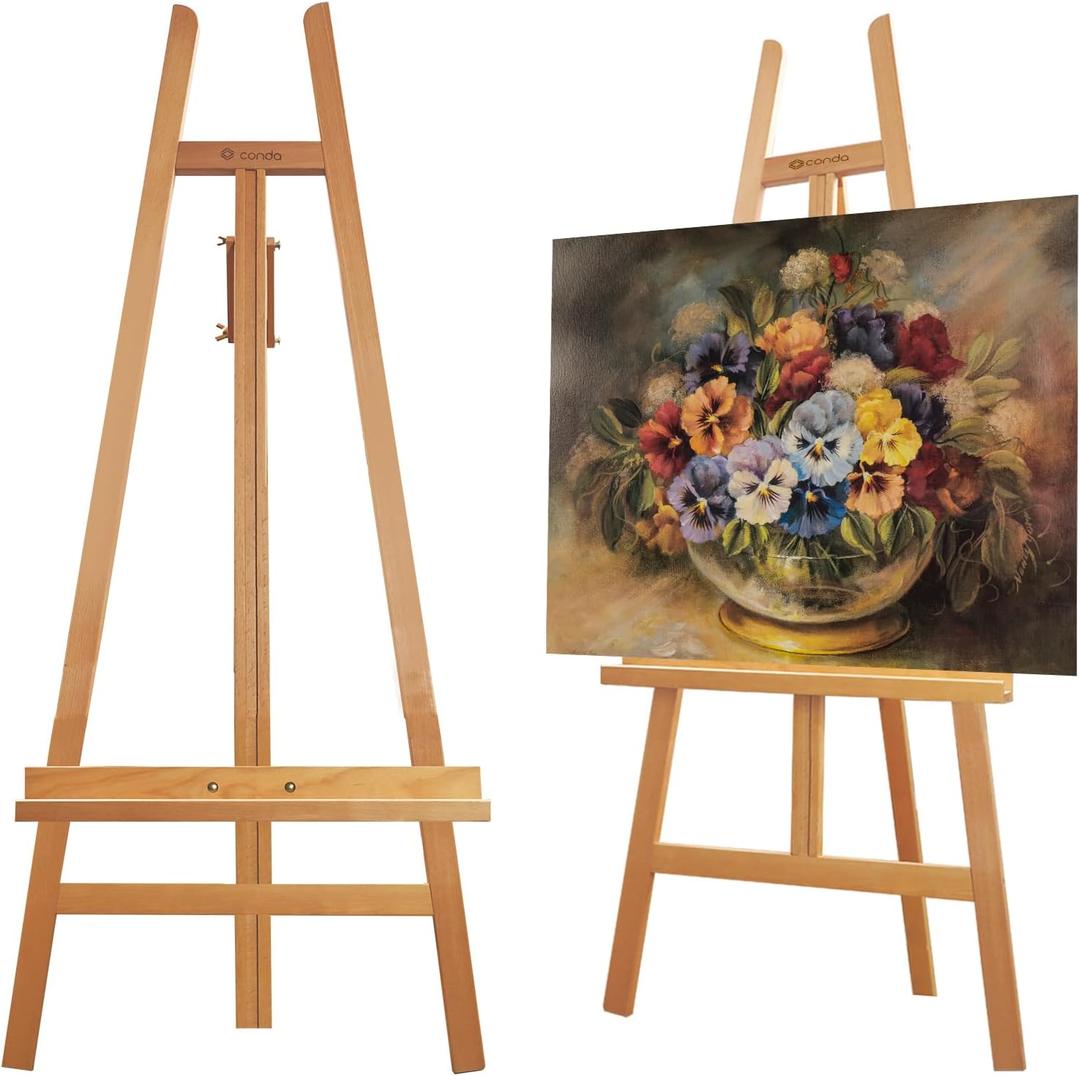 Heavy Duty A-Frame Wood Easel Stand - Adjustable Studio Easel Holds Large Canvas, Mirror, Wedding Sign Up to 90 Inches, Floor Display Easel for Artists & Events, Natural Beechwood, 58.7 inches