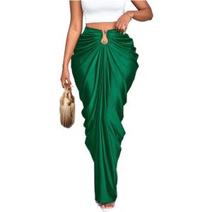 WDIRARA Women's Ruched Bodycon Maxi Skirt Cocktail Party High Waisted Long Fishtail Skirts Large