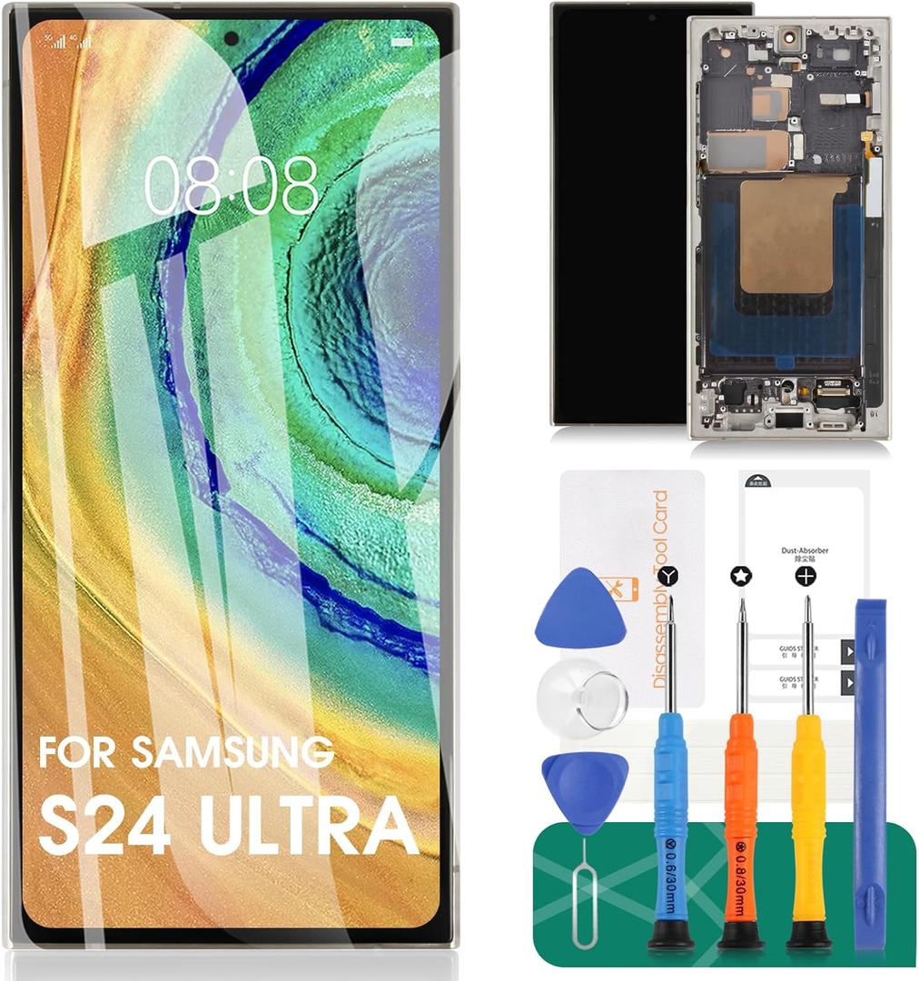 OLED LCD Screen for Samsung Galaxy S24 Ultra 5G LCD S928 Display for SM-S928U LCD Display Touch Screen Digitizer Assembly Repair Parts with Tools (With Frame,Grey,larger Display Area)