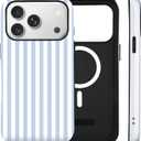 for iPhone 17 Pro Max Case Cute Striped Phone Case Compatible with MagSafe, Dual-Layer Shock Protection(Hard PC + Silicone) - Aesthetic Protective Phone Cover for Women Girl, Blue and White