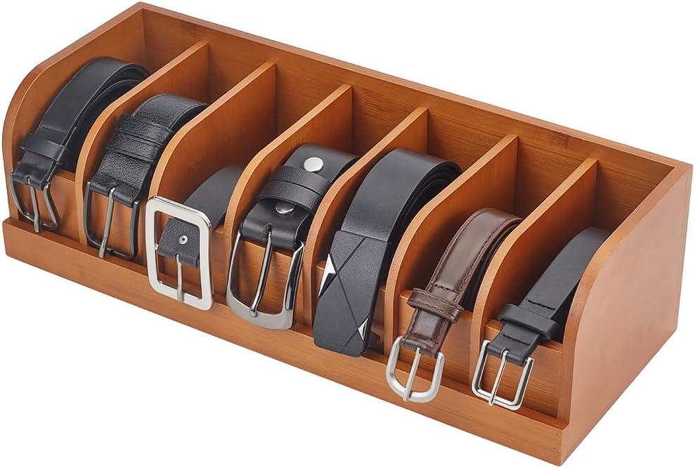 CUTHOLLOW Belt Organizer for Closet, 7 Compartments Wood Belt Storage Holder for Drawer, Bamboo Belt and Tie Box Organizer Display Case for Women Men