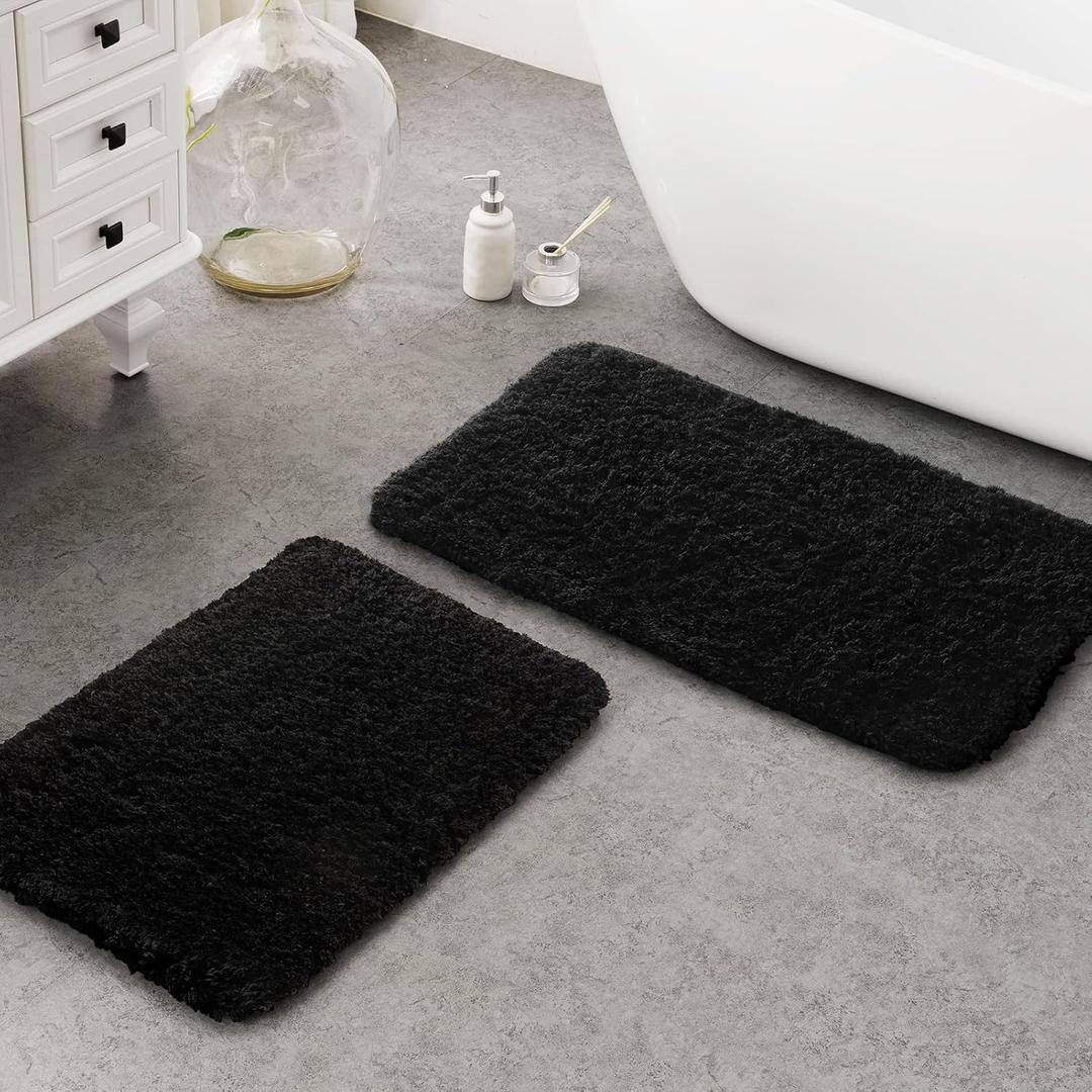 Ashler Bathroom Rugs Set of 2, Black Bath Rugs 2 Piece, Water Absorbing Bath Mat, Soft Microfiber Rectangle Bathroom Carpet, Machine Washable - 17x24 & 20x32 Inches