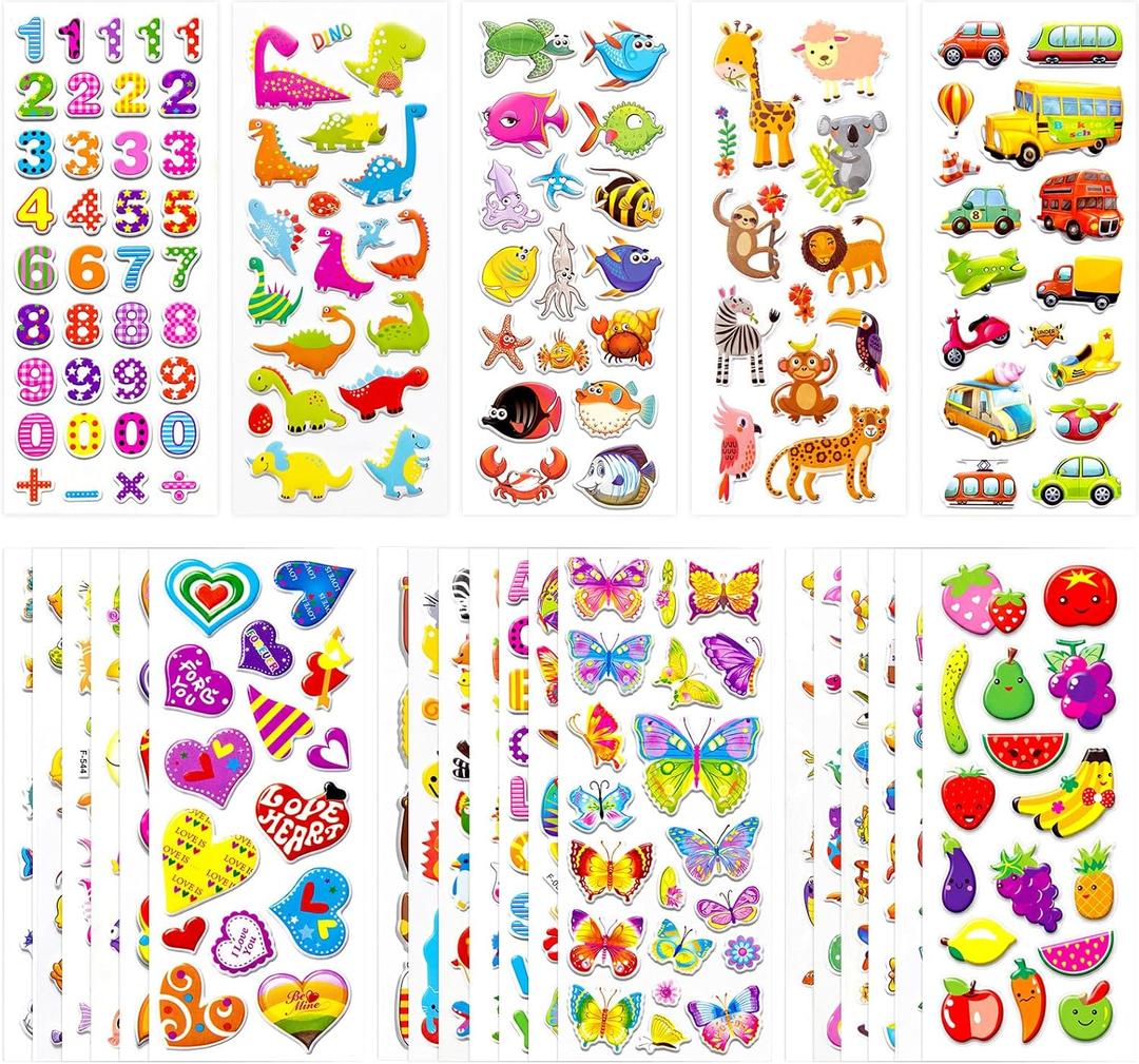24 Sheets 3D Puffy Stickers for Kids & Toddlers, 550+ Cute Sticker Pack, Including Animal, Cars, Dinosaur, Fruit & Fish and More Stickers for Boys, Girls, Teachers, Reward, Craft Scrapbooking