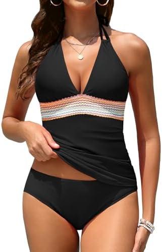 Women Tummy Control Tankini Swimsuit - Halter Swimsuit Two Piece Bathing Suit Color Block 2025 Swimwear size L