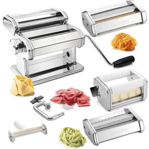 Pasta Maker Deluxe Set 5 pc Premium Stainless Steel Machine w Spaghetti Fettuccini Roller Angel Hair Ravioli Noodle Lasagnette Cutter Attachments- Durable Construction, Homemade Italian Dinner Party