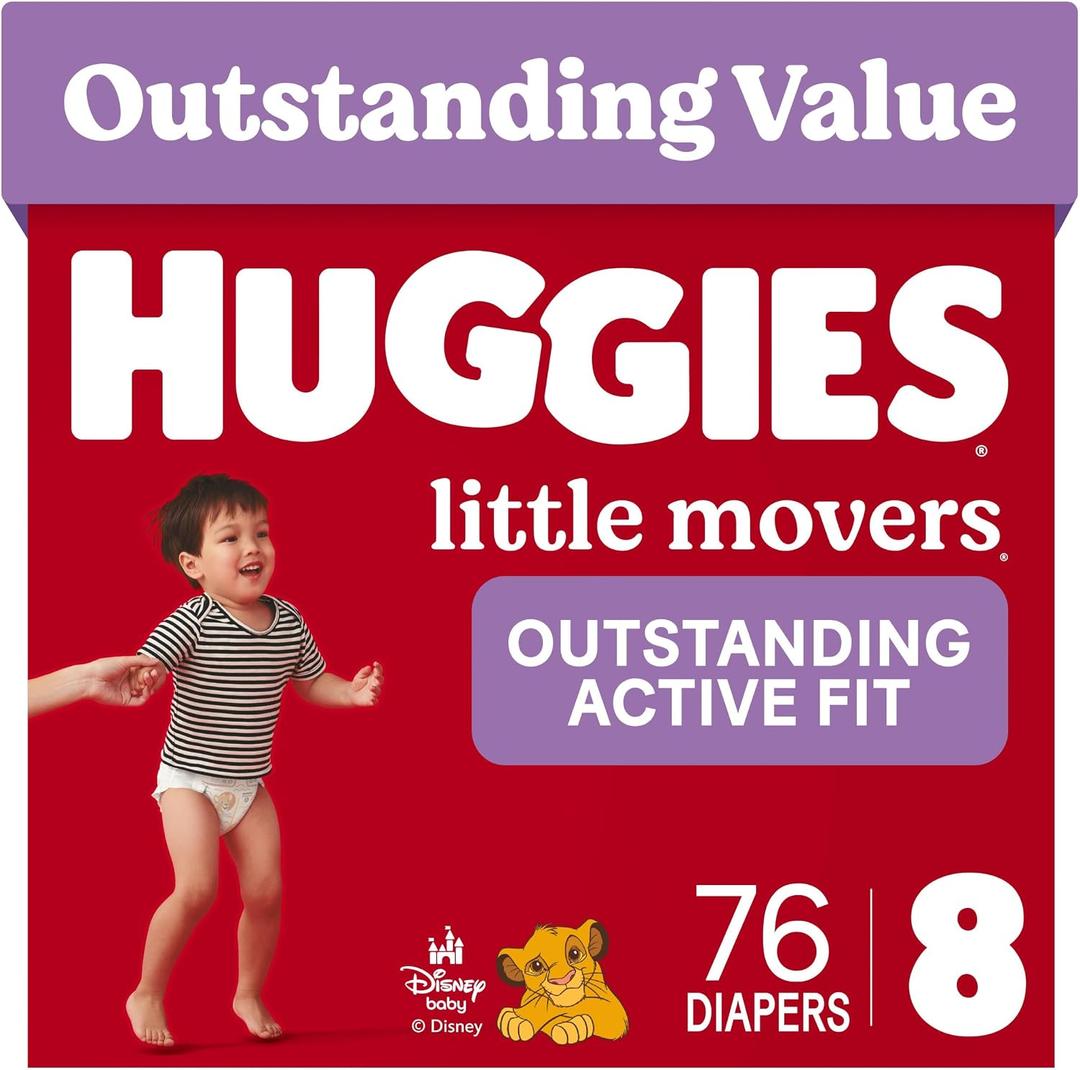 Huggies Little Movers Diapers Size 8, 76 Count (2 Packs of 38)
Double Grip Strips, Blowout Protection, Secure Flexible Fit, Up to 12-Hour Protection, Dry Touch Liner, Wetness Indicator