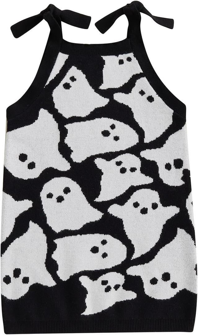 Yccutest Infant Girl Halloween Knitted Dresses Baby Girl Ghost Outfit Halloween Knit Sweater Toddler Sleeveless Mini Dress