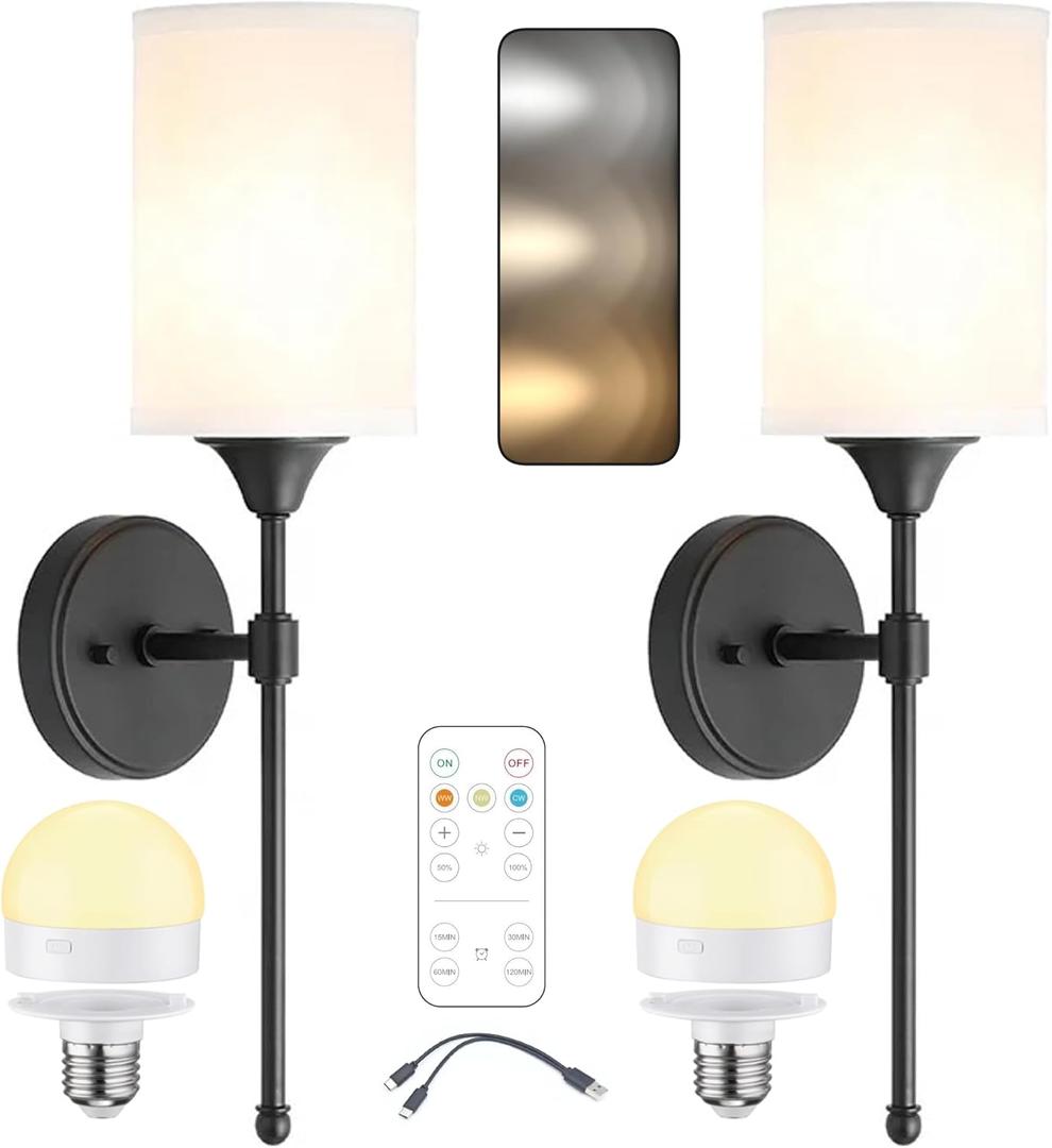 Battery Operated Wall Sconce Set of 2 with White Fabric Shade, 6000mAh Rechargeable Light Bulbs, and Color Changing Remote for Wireless Wall Light, Solid Steel (Black)