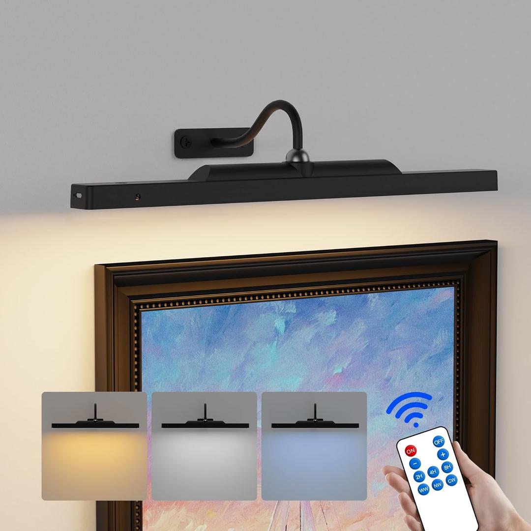 Dimmable Cordless Picture Light for Wall 16n, 5000mAh Rechargeable Battery Wall Sconce Art Light, CRI 95+ 350LM Wall Light for Gallery Artwork, Paintings, Photo, Portraits - Black