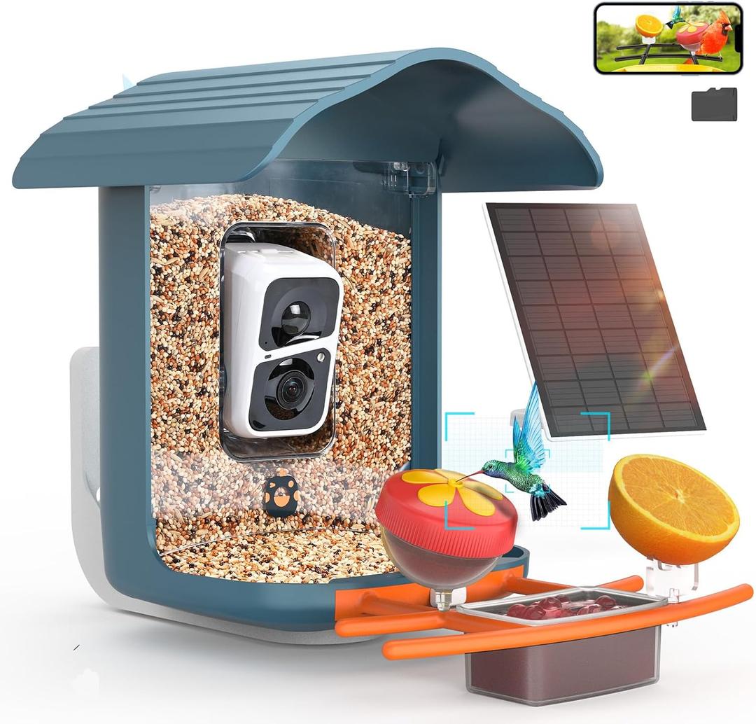 birdsnap PAV- Smart Bird Feeder with Camera Solar Powered, 64GB Card & 2K HD Record Video Bird Camera Live with 5 DIY Add-ons, AI Identify Auto Capture, Ideal Gift for Birds Lover (Blue)
