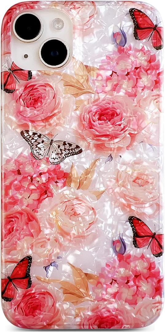 Qokey for iPhone 15 Plus/14 Plus Case 6.7 Inch - Floral Design Protective Slim Cover, Shockproof Phone Shell for Women, Soft Flexible Lightweight Non-Yellowing - Pink Rose Butterfly