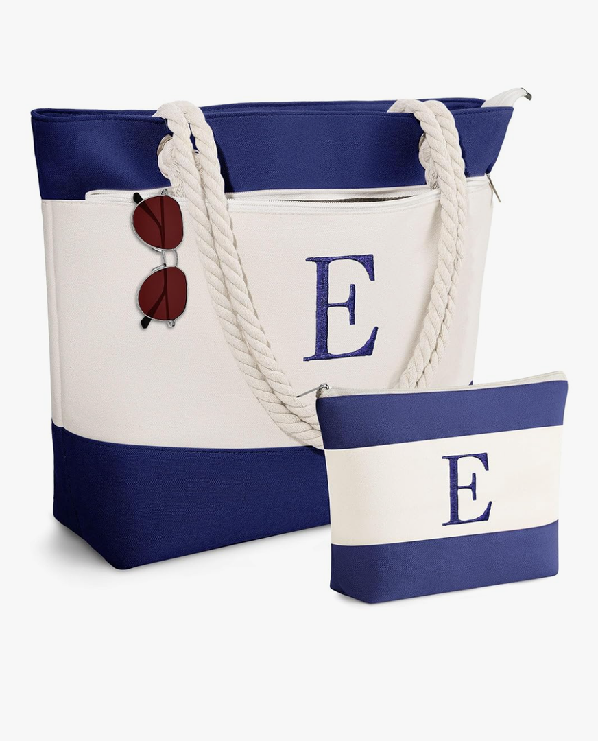 YOOLIFE Personalized Gifts for Women - Beach Bags Waterproof Sandproof, Large Initial Canvas Tote Monogram Swim Bag, Beach Gift for Women Her Mom Birthday Gifts for Teacher Sister Female Friend E, Navy blue