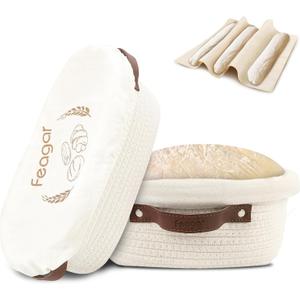 Feagar Banneton Bread Proofing Basket Set - 2 Pack Oval Cotton Rope Bread Basket with Liners, Covers & Proofing Cloth for Artisan Bread Baking, Sourdough Bread Baking Supplies