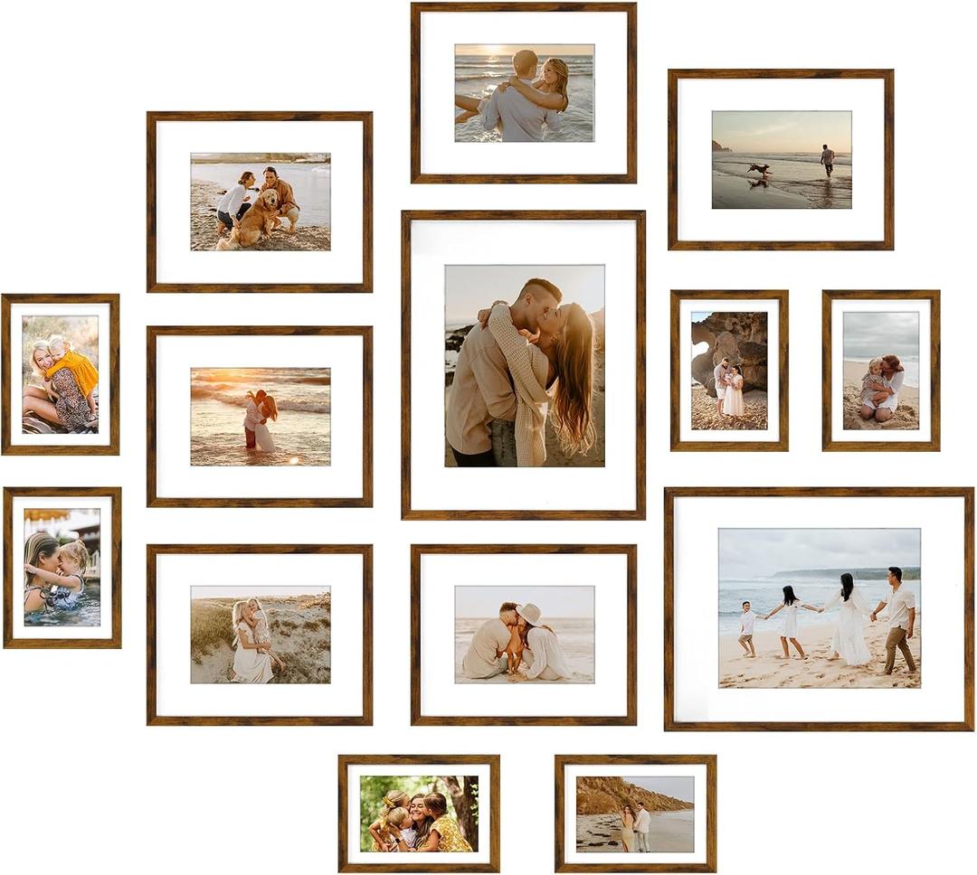Giftgarden 14 Pack Brown Picture Frames with Mat for Various Sizes Photos, Assorted Matted Frame Set Including Two , Six 8x10, Six 5x7, 4x6 Gallery Frame Collage for Wall or Tabletop Display
