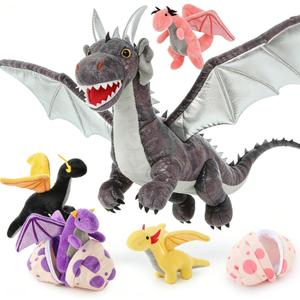 MaoGoLan 7 Pcs Dragon Plush Toy Set, 22 inch Large Dragon Stuffed Animal with 4 Babies & 2 Eggs in Mom's Belly, Dinosaur Plush for Boy Girl Birthday Gift Easter Baby Shower Party Decor, Gray