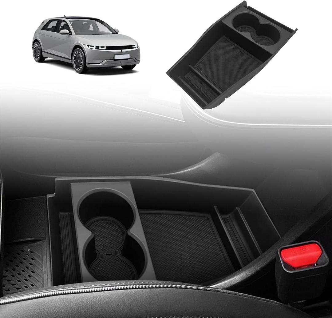 BestEvMod for Ioniq5 Lower Center Console Organizer Cup Holder Tray Storage Box Accessories with Rubber Black Trim Compatible with Hyundai Ioniq 5 2022-2024 Accessories (Lower Tray-Cup Holder Style)