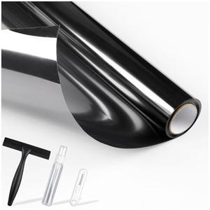 rabbitgoo One Way Window Privacy Film with Kit Window Tint for Home UV Heat Blocking Static Cling Sun Blocker Light Darkening Reflective Mirror Covering See Out Not in 17.5 in X 9.8 Feet Black Silver