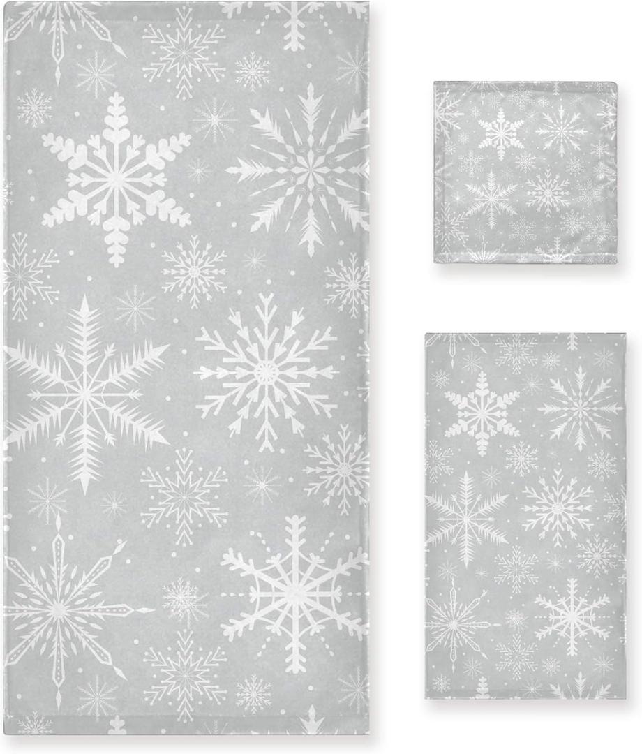 ALAZA Silver Snowflake Towel Set of 3 Soft Absorbent Towels for Kitchen, Beach, Gym, Spa (C01)