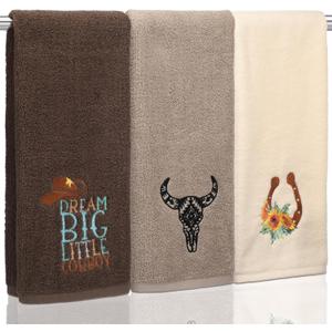 3 Western Cowboy Hand Towels 14 x 29 Inch Cotton Embroidered Cow Bull Skull Hat Horseshoe Bathroom Hand Towels Farmhouse Cowboy Theme Decorative Washcloth for Kitchen Vintage Decor (Caramel Brown, Khaki, Cream Beige)