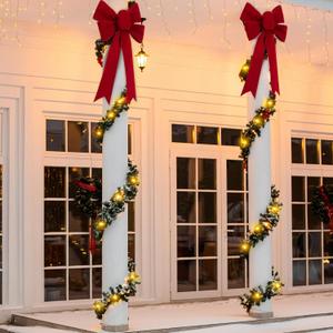 Christmas Front Porch Decoration Set Include 2 Pcs 18 x 24in Large Red Velvet Bow, 2 Pieces 16ft Green Garland and 2 Pcs 23ft Solar String Lights for Xmas Outdoor Front Door Column Window
