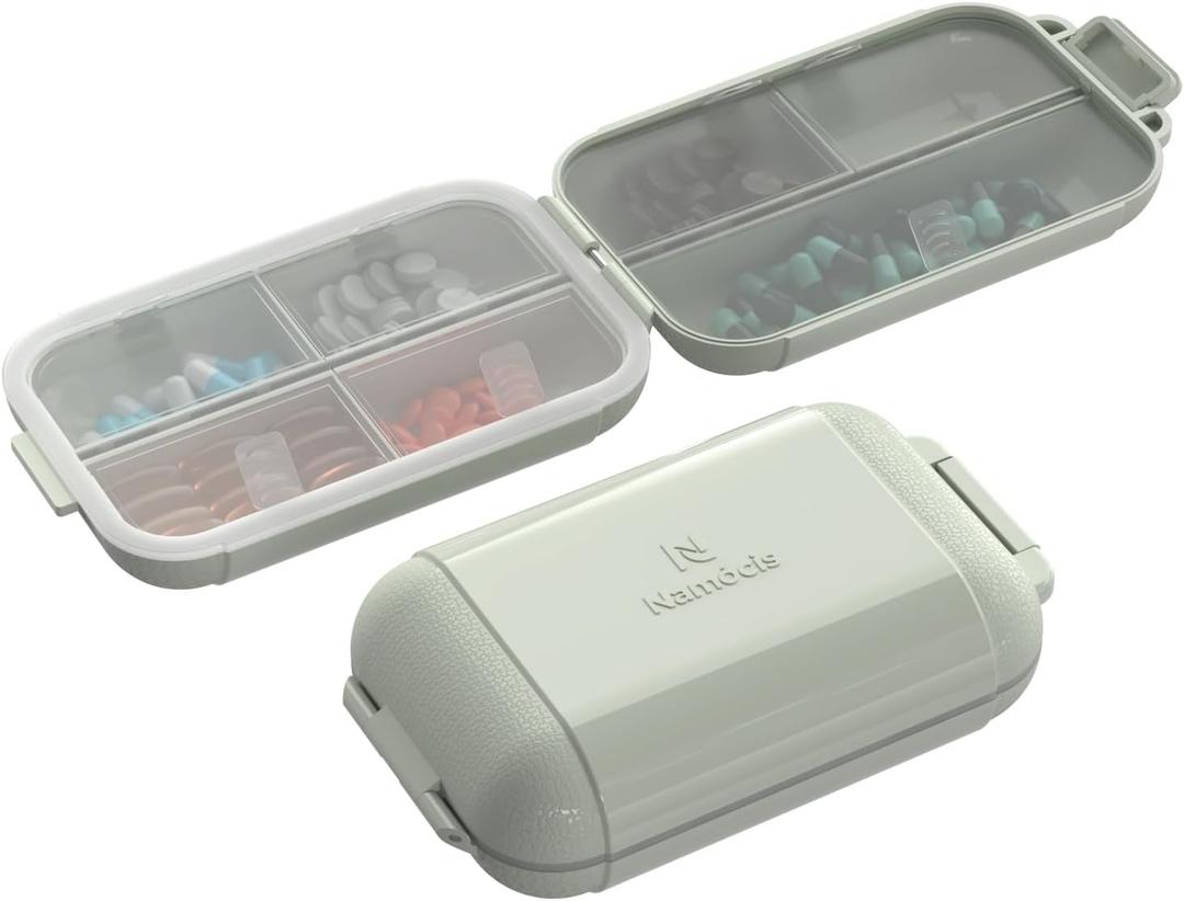 Portable Pill Organizer, Pill Box with 7 Compartments, Small Pill Case for Travel, Daily Medicine Pill Organizer with Air-Tight Lid (Green)
