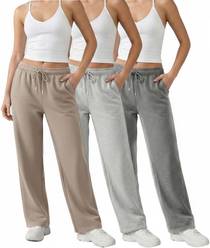 Common Stitch 3 Pack Straight Leg Fleece Lounge Sweatpants for Women  Deep Pockets, Relaxed Fit, Elastic Drawstring Waist (Large, Taupe / Lt. Heather Grey / Med. Heather Grey)