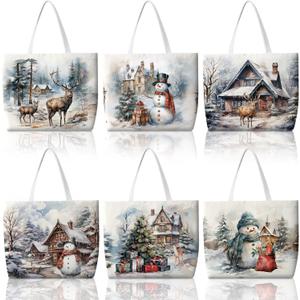 Bencailor 6 Pcs Christmas Canvas Tote Bags Reusable Merry Xmas Tree Aesthetic Grocery Shopping Gift Bags for Women Xmas Gifts (Snowscape,Vintage)