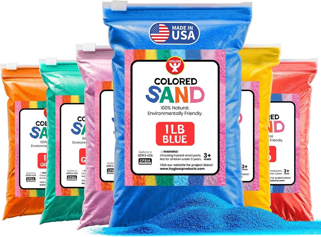 Hygloss Colored Sand for Crafts - 6 Assorted Colors Bags - 1 lb Vibrant Colorful Fine Sensory Play Sand Art Kits for Kids - Classroom Activities for Children 3 4 5 6 7 8 9 10 11 12 - Safe for Ages 3+, 1-pound