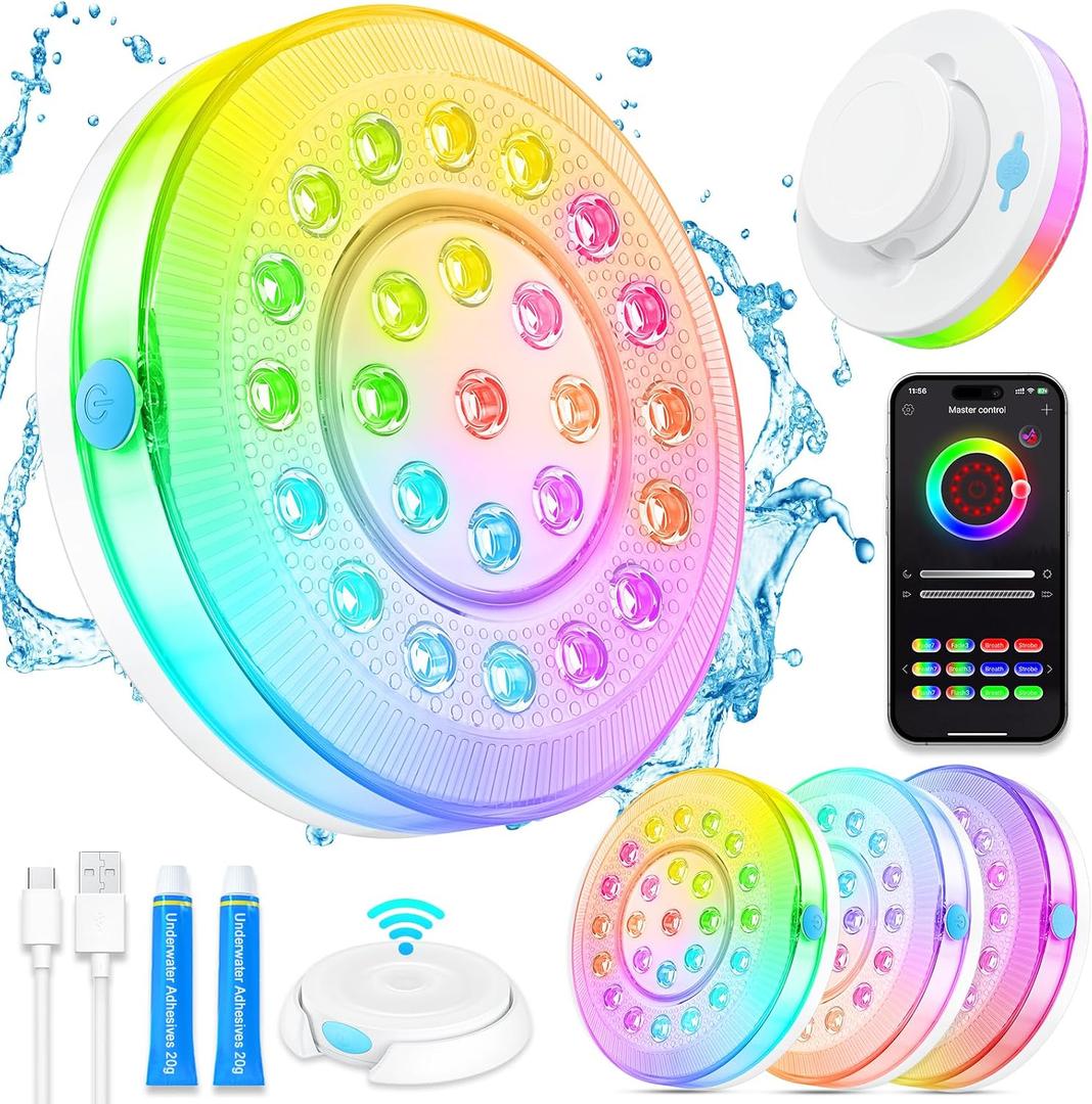 Pool Lights for Above/In Ground Pools,Portable Smart Magnetic Underwater IP68 Waterproof LED Light Rechargeable with BT APP Control Color Changing Sound/Music Sync Vinyl Pools Accessories Party Decor