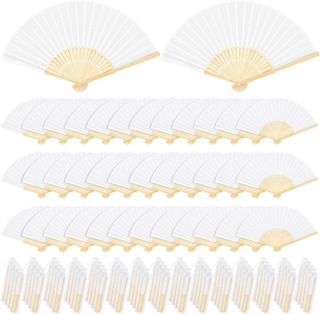 MCEAST 120 Pieces Handheld Fans Silk Bamboo Folding Hand Fans Silk Fabric Folding Fans with Organza Bags for Church Wedding Party Favors Bridal Dancing Props, White
