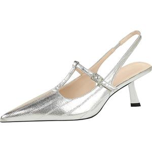 baobeijiadao Womens Pointed Toe Heels Slingback Slip On Pumps Close Toes T Strap Heeled Sandals Kitten Heel Dress Shoes for Women Silver, Size: 