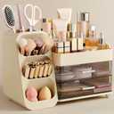 HBlife Makeup Organizer with Brush Holder for Vanity, Large Plastic Bathroom Countertop Organizer Skin Care Storage, Easy to Store Lipsticks, Nail Polishes, Perfumes, Eyeshadow Palettes, Beige