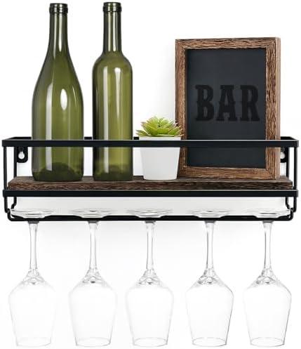 Mkono Wall Mounted Wine Rack - Bottle & Glass Holder Wood Rustic Floating Racks with Stemware Hanger Modern Plants Photos Wine Bottles Display Wall Storage Shelf for Kitchen Dining Room Home Bar
