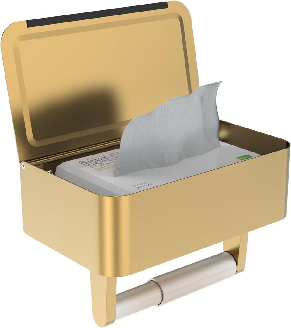 Toilet Paper Holder with Shelf, Wipes Holder for Bathroom, Flushable Wipes Dispenser, Stainless Steel Toilet Paper Roll Holder with Storage for Wet Wipes Wall Mounted (Gold, Regular Roll