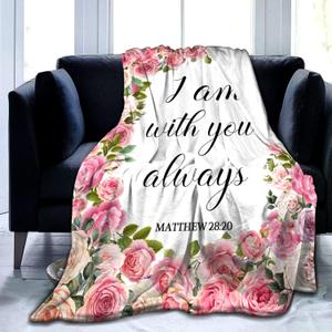 Christian Blanket with Inspirational Thoughts and Prayers Religious Bible Verse Throw Blanket Ultra Soft Warm Flannel Blankets for Women Men Gifts 50"X40" (I Am With You Always - Floral)