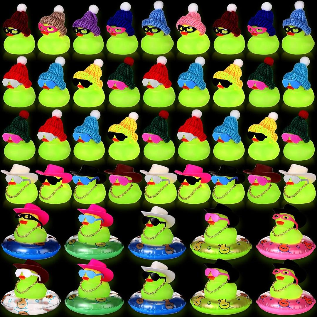 Sratte 140 Pcs Glow in The Dark Rubber Ducks Summer Mini Luminous Light Up Bulk Bath Toy Assorted Duck Sunglasses Necklace Swim Circle Hat for Baby Shower Party Gift