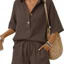 LILLUSORY Women 2 Piece Linen Short Sets 2026 Summer Vacation V Neck Short Sleeve Beach Outfits Oversized Button Cotton Pjs (Brown, L)