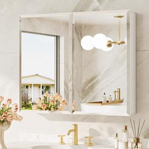 TokeShimi 30 x 26 Medicine Cabinet, Assembly Required, Recessed Medicine Cabinet with Tempered Beveled Mirror, DTC Hinge, Frameless Bathroom Mirror with Storage, Recessed/Surface-Mounted (White)