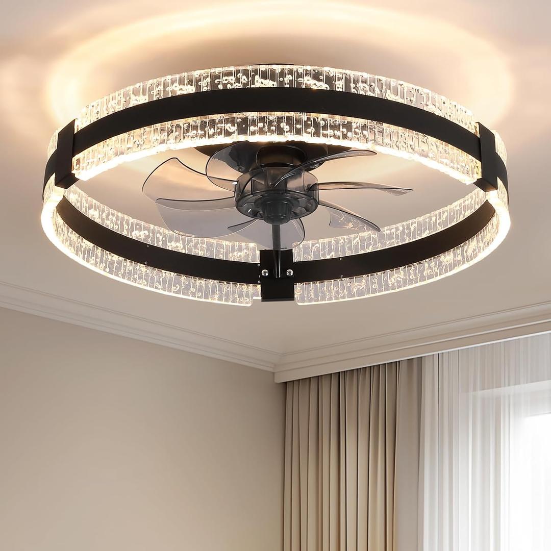 Ceiling Fan with Lights and Remote - Low Profile 20" Flush Mount Ceiling Fans, Smart Fandelier 6-Speed Dimmable LED 3000K-6000K for Bedroom (Black)