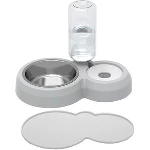 Dog Bowls, Puppy Cat Food and Water Bowl Set with Water Dispenser and Stainless Steel Bowl Non-Slip Mat, Detachable Gravity Pet Feeder and Waterer Set for Cats Dogs Puppy Rabbit (Grey)