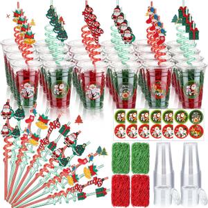 Vesici 124 Pcs Christmas Plastic Cups Bulk with Lids Straws Stickers Raffia Snowman Santa Claus Plastic Cups Xmas Disposable Clear Mugs Party Favor Holiday Birthday Wedding Party Supplies, 24 Sets (Red and Green)