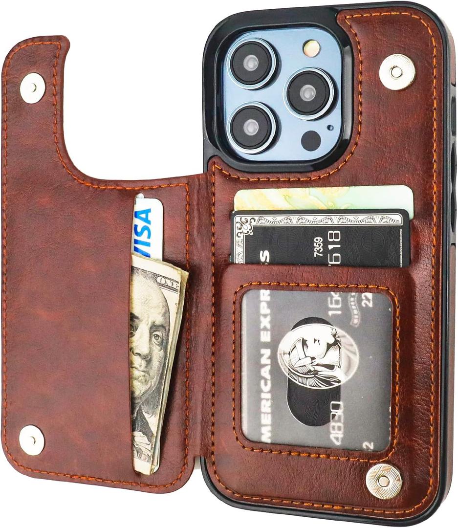ONETOP Compatible with iPhone 14 Pro Wallet Case with Card Holder, PU Leather Kickstand Card Slots Case, Double Magnetic Clasp and Durable Shockproof Cover 6.1 Inch (Brown)