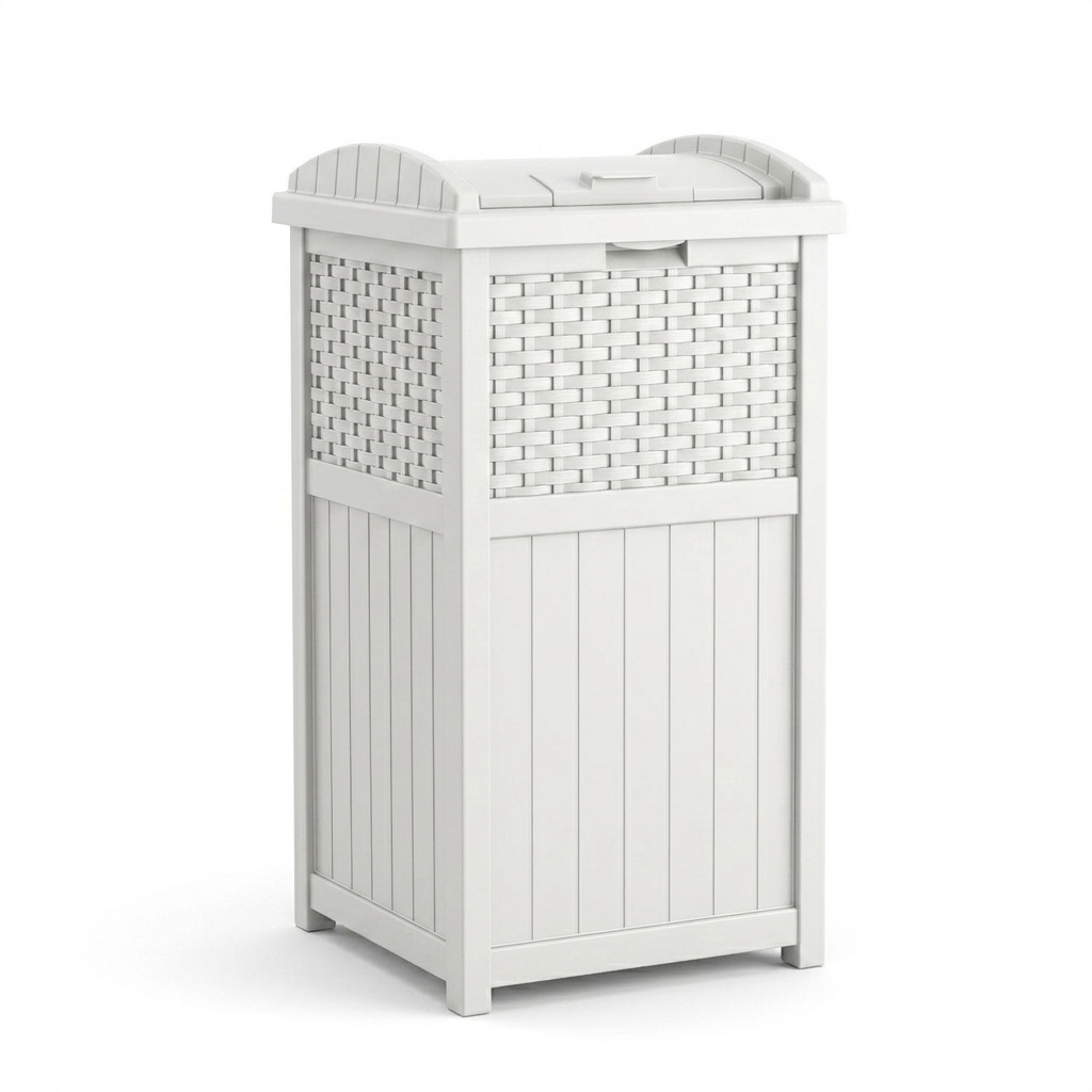 Suncast 33 Gallon Commercial Outdoor Trashcan Hideaway with Lid for 30 to 33 Gallon Trash Bags for Garage, Backyard, or Garden, White