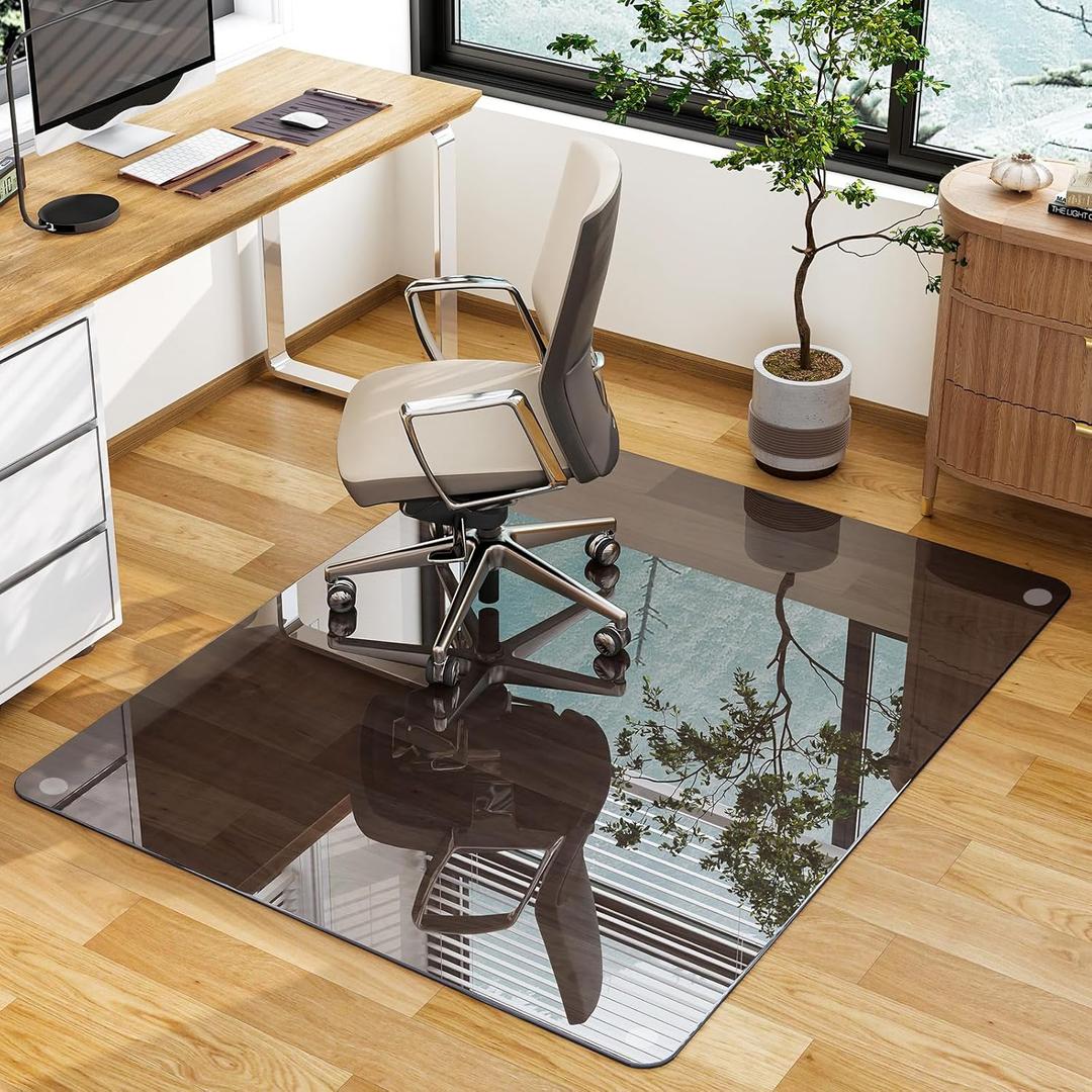 GLSLAND Office Chair Mat, 36" x 46" Grey Tempered Glass Floor Mat for Office Chair on Carpet, 1/6" Thick Computer Floor Mat with 4 Anti-Slip Pads