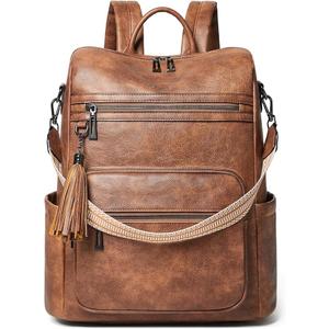 Shrrie 15.6 inch Laptop Backpack for Women,Large Leather Backpack Purse,Travel,Carry on,Water Resistant Casual Laptop Backpacks,College Backpack,Work Backpack for Women,Two-toned Brown