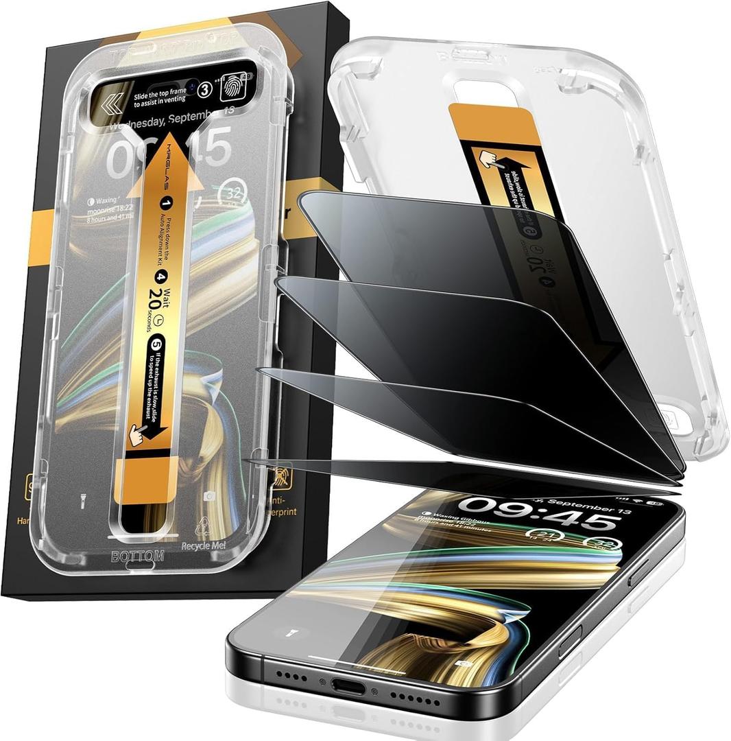 MRGLAS 4-Pack Privacy Screen Protector for iPhone 15 Pro Max [Auto-Alignment Kit] [10X Military Grade Protection] 9H Shatterproof Tempered Glass Compatible 15 Pro Max 6.7" Case-Friendly, Zero bubble