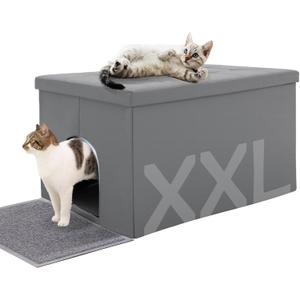 MEEXPAWS Cat Litter Box Enclosure Furniture Odor Control, Extra Large | XXL Hidden Cat Litter Box Bench Ottoman, Storage Cabinet Dog Proof, Waterproof Inside, Easy Clean, Easy Assembly, Grey XXL L35.4'' x W19.7'' x H19.7''
