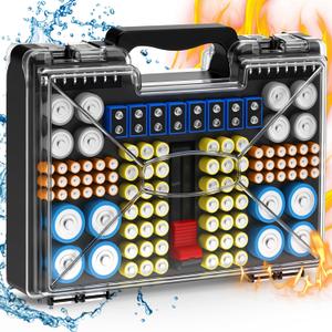 Upgraded Large Capacity Battery Storage Organizer with Tester, Battery Organizer Holds 185+Batteries with Double-Sided & Portable Handle, Fireproof & Splash-Proof Battery Holder for Most Sizes, Black