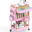 ALVOROG Rolling Cart with Drawer and Wood Table Top, 3 Tier Metal Rolling Utility Cart on Wheels with DIY Pegboards, Hanging Baskets,Hooks for Kitchen, Bedroom, Office, Craft Supplies (Cherry Blossom Pink)