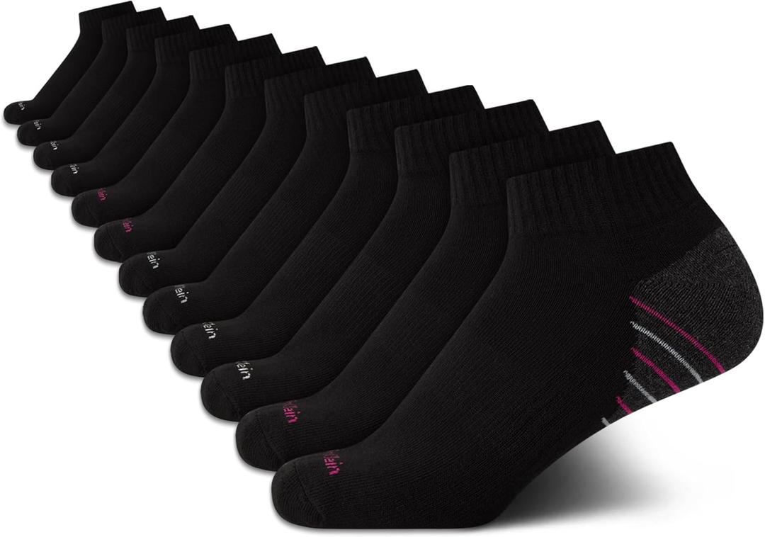 Calvin Klein Womens Quarter Socks - 12 Pack Soft Cushioned Athletic Performance Quarter Length Ankle Socks for Women (Black)